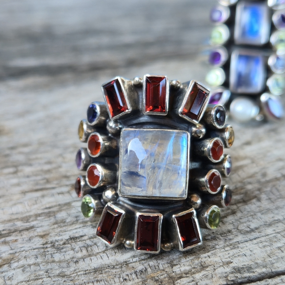 Nicky Butler RAJ LIMITED ED 925 Sterling Silver Moonstone Designer Ring Garnet